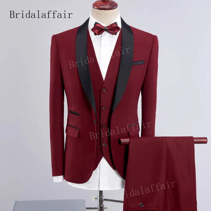 Bridalaffair темно-синий мужской смокинг Slim Fit мужской костюм набор 3 шт. мужские официальные костюмы жених свадебные костюмы набор(Блейзер+ брюки+ жилет - Цвет: Бургундия