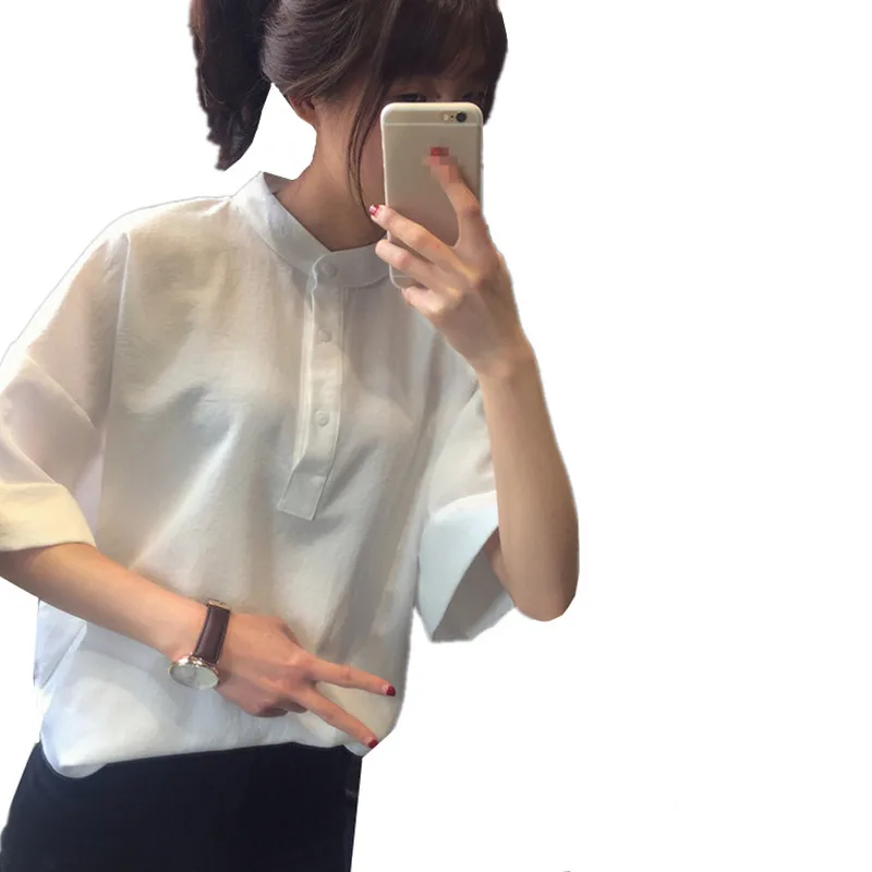

B2640 Spring and summer 2019 new women's wear fashion small fresh loose thin pure color white short sleeve shirt cheap wholesale