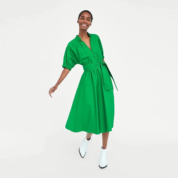 2019 Vestido Longo Rushed Vestidos Mujer Plus Size New Dress Turquoise V-neck Lantern Short-sleeved Waist Large Long Female | Женская