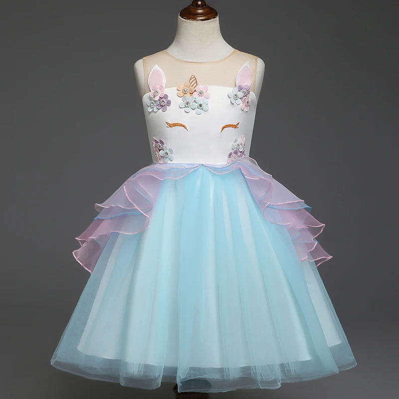 

New Kids Summer Lace Unicorn Dress for Girls Embroidery Flower Ball Gown Baby Girl Princess Dresses for Party Unicornio Costumes