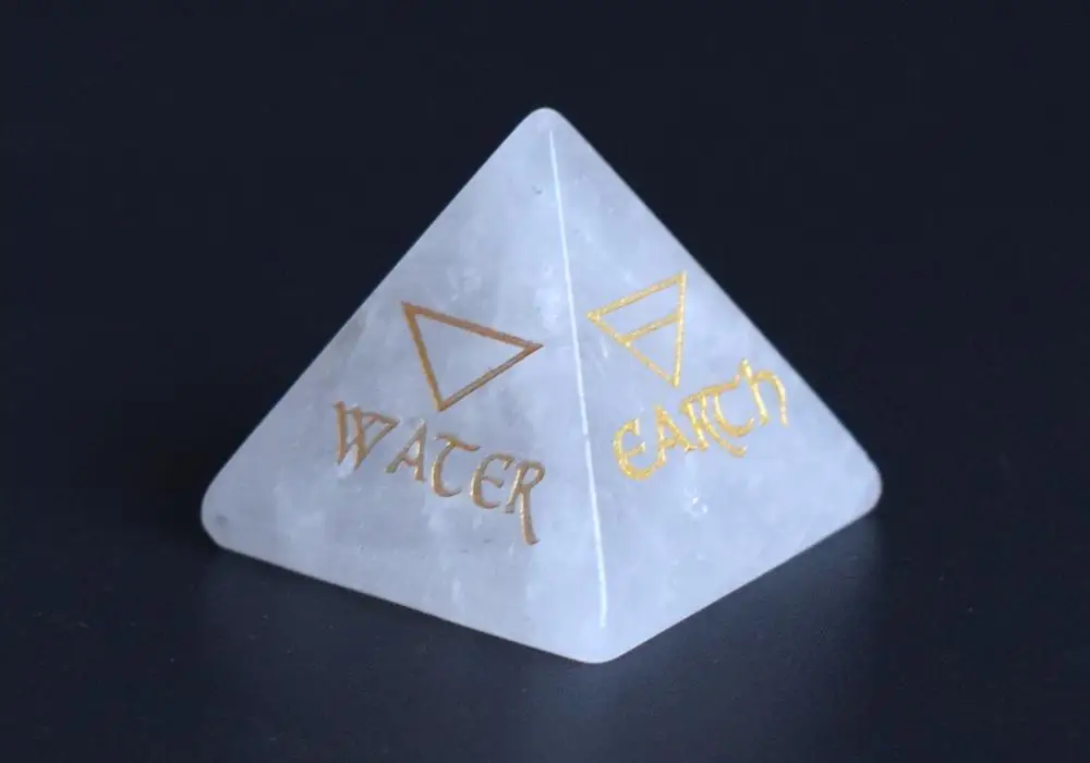 

Natural Chakra Clear Quartz Carved Crystal Healing Pyramid Engraved Reiki 4 Elemental of Earth Water Air Fire with a Free Pouch