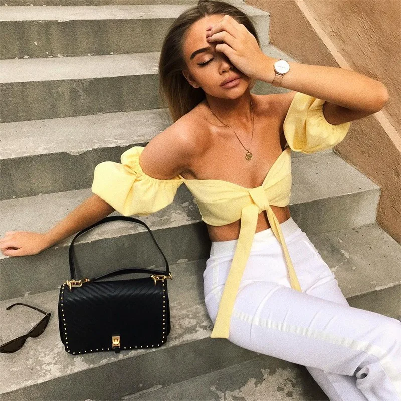 

2019 Women's one-shoulder short-sleeved Straps Wrapped Chest Street Tops Camisole Femme G0626
