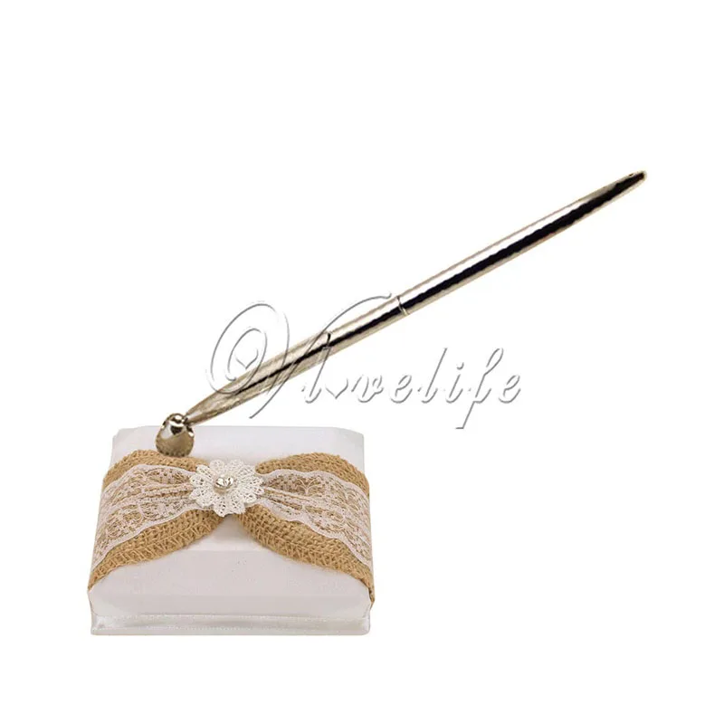 White Wedding Pen And Stand Set With Burlap Lace Bow Flower White Wedding Pen And Stand Set With Burlap Lace Bow Flower For Event Party Favors Decor Holders In Diy Decorations From Home