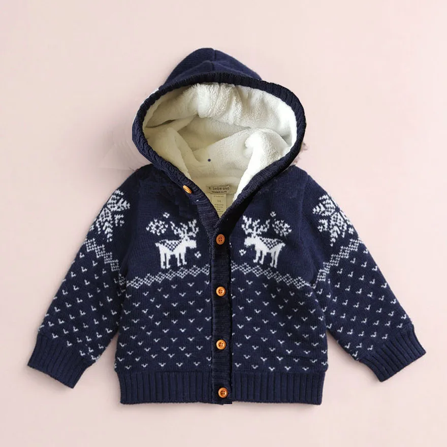Осенне-зимний вязаный свитер с капюшоном для девочек и мальчиков, куртки, детский трикотажный кардиган, пальто, Рождественская верхняя одежда с капюшоном и оленем - Цвет: Синий