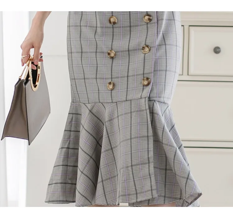Женский винтажный комплект с рыбьим подолом, осень, клетчатый тонкий двубортный блейзер с рукавами-фонариками, платье для офисных леди
