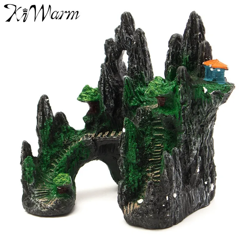 

KiWarm Mountain Rockery Pavilion House Cave Bridge Moss Tree for Aquarium Fish Tank Miniatures Landscape Resin Ornament Decor
