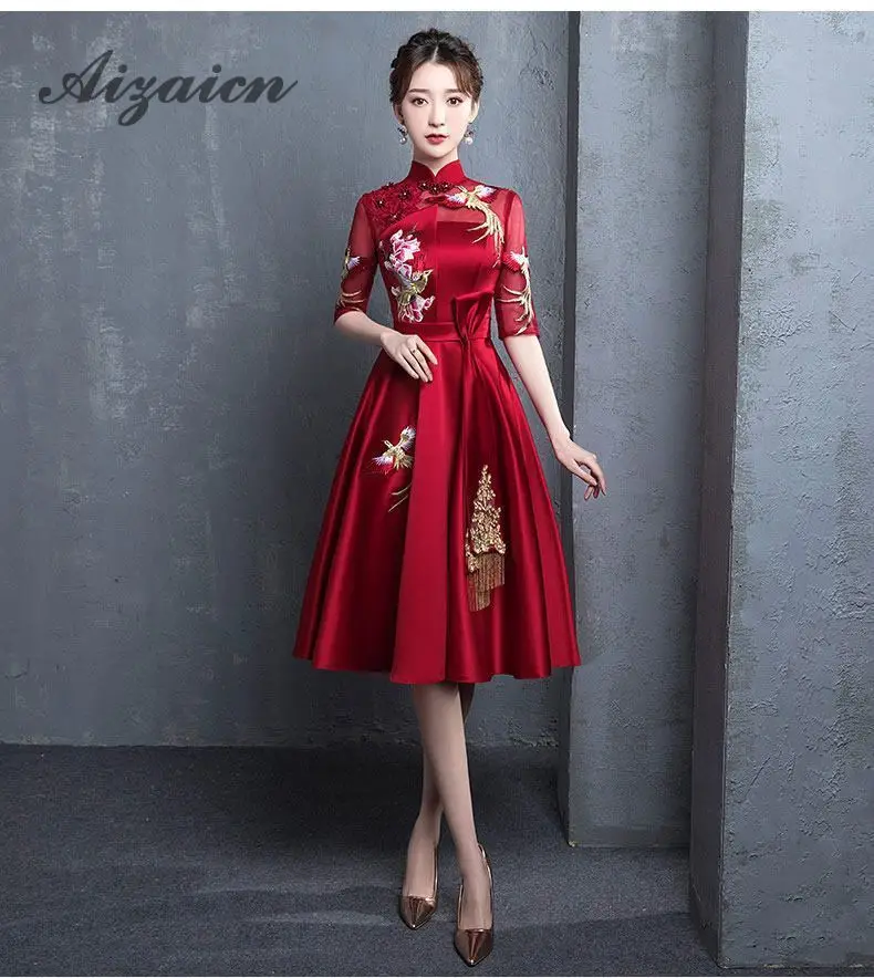 Красное китайское традиционное платье с вышивкой, Ципао, невесты, чонсам, мини-платье, Vestidos, чиносы, восточные свадебные платья, вечерние платья