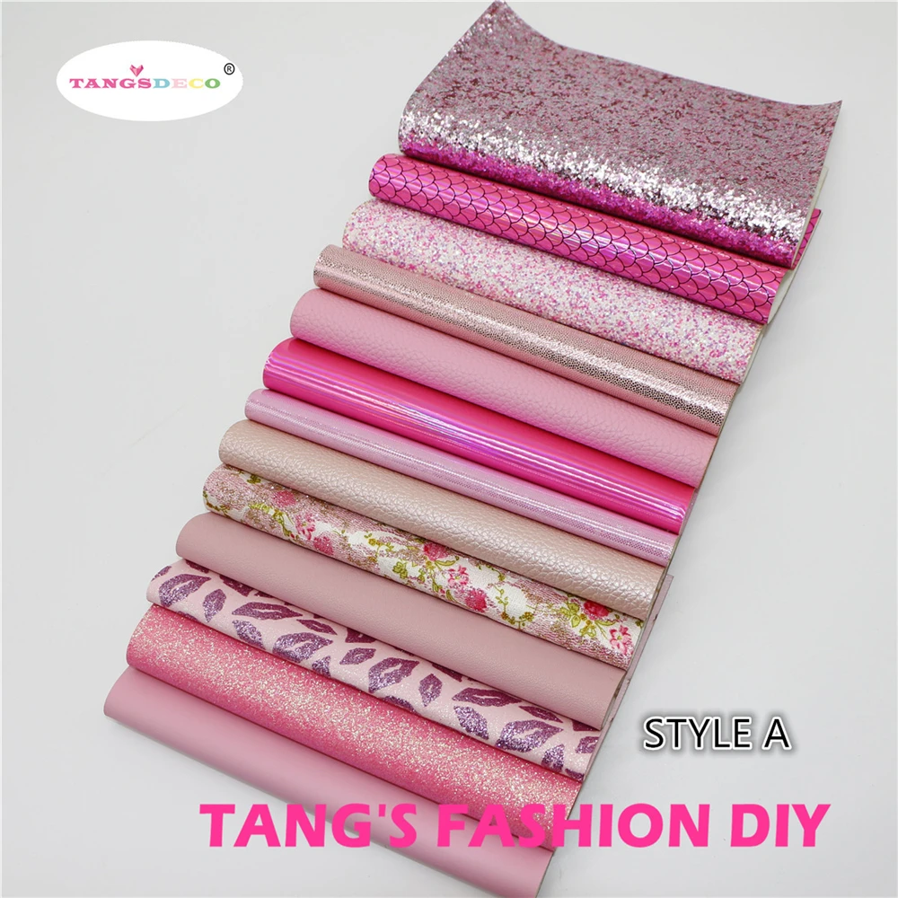 

13pcs-STYLE A High Quality NEW MIX STYLE Pink color mix PU leather set/synthetic leather set/DIY fabric artificial leather