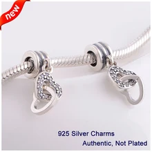 Подходит для браслетов Pandora, взаимосвязанные сердца, амулеты с прозрачным фианитом серебряные бусины 925 пробы