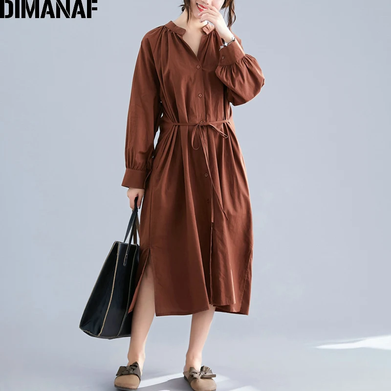 

DIMANAF Plus Size Women Dress Long Sleeve 2019 New Autumn Cotton Big Size Loose Office Lady Vestidos Female Casual Pleated Dress