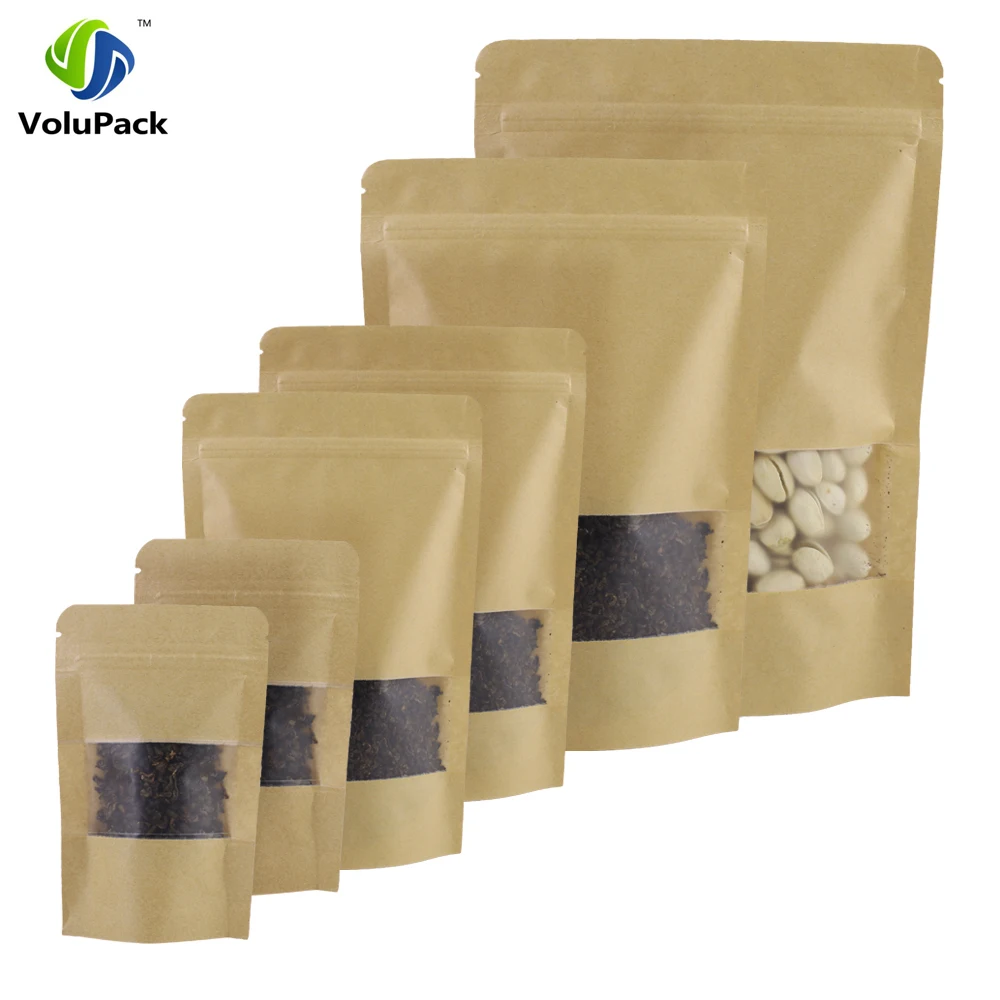 

High Quality 100pcs Waterproof Stand Up Package Zip Lock Pouches Tear Notch Brown Kraft Paper Storage bags With Window
