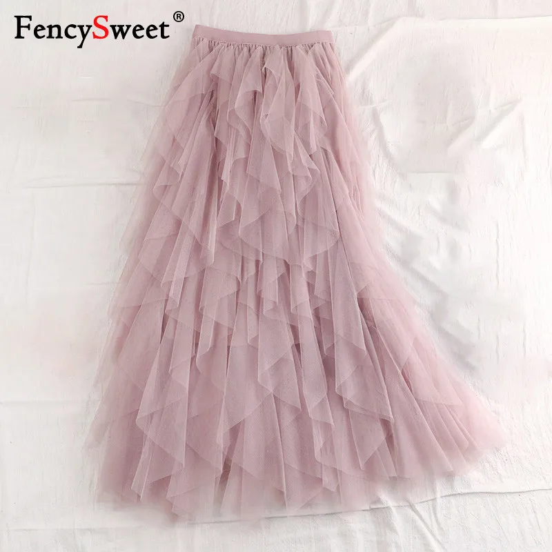Fencysweet/2019 Весенние длинные сетчатые юбки высокая низкая многослойная Женская