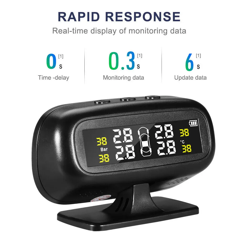 

Solar Tire Pressure Monitoring System TPMS Universal Installed on Windowshield Wireless 4 External Sensors Real-time Display