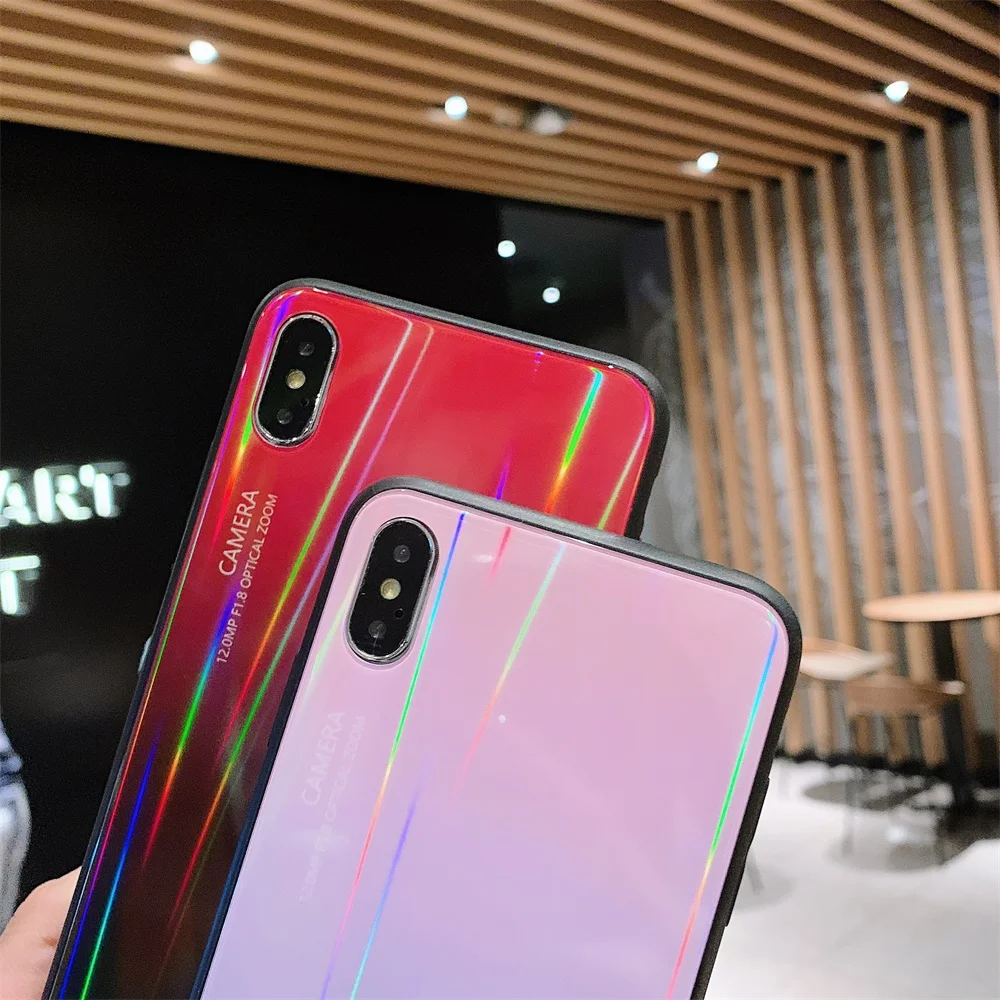 Чехол для телефона iPhone X XS 7 8 Plus роскошное лазерное закаленное стекло +