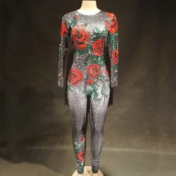 

Bright Crystals Rose Flower Jumpsuit Women Festival Outfit Party Costumes Stage Wear Bodysuit Dance Singer Rhinestone Rompers DJ