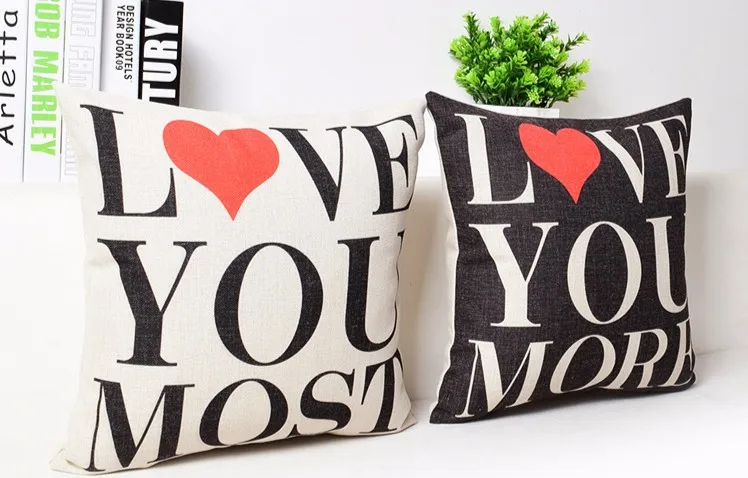 

Hot Couple Heart Love You More Most Black White Linen Cotton Cushion Cover Throw Pillow Case Wedding Gift Love Home Decor 18"