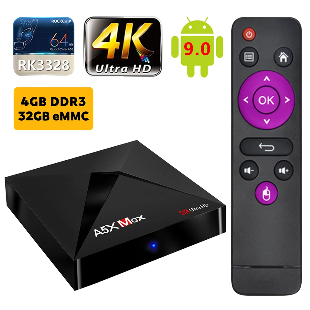 

Android Tv Box A5X MAX Android 9.0 4GB 32GB RK3328 4K BT 4.1 USB 3.0 2.4G WiFi 100M Lan Smart Media Player HD2.0 OTT TV BOX