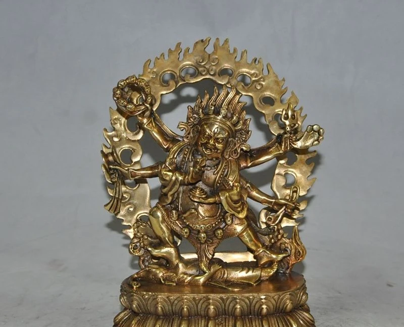

9" old chinese tibet buddhism bronze gilt lotus 6 arms Mahakala Exorcism statue