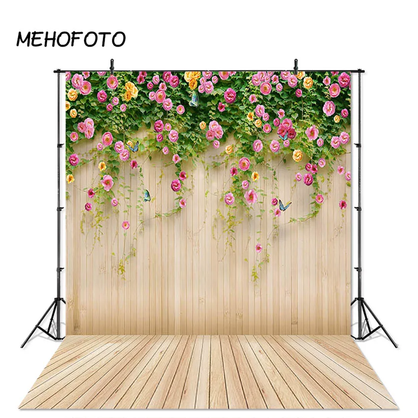 

MEHOFOTO Wood Photographic Backdrop for Photo Studio Yellow Wooden Board Pink Floral Spring Wedding Photography Background Props