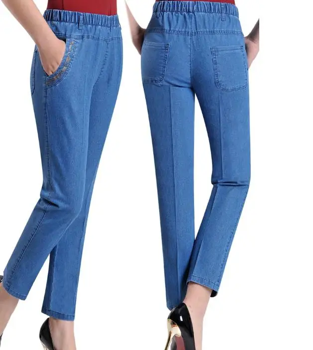 Плюс размер L-5XL женские новые джинсы с эластичной талией вышитые повседневные до щиколотки брюки джинсы