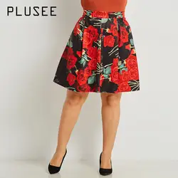 Plusee Для женщин юбка плюс Размеры 3XL 2018 осень красный Цветочный принт трапециевидной формы до колена Длина аппликации китайские Стиль осень