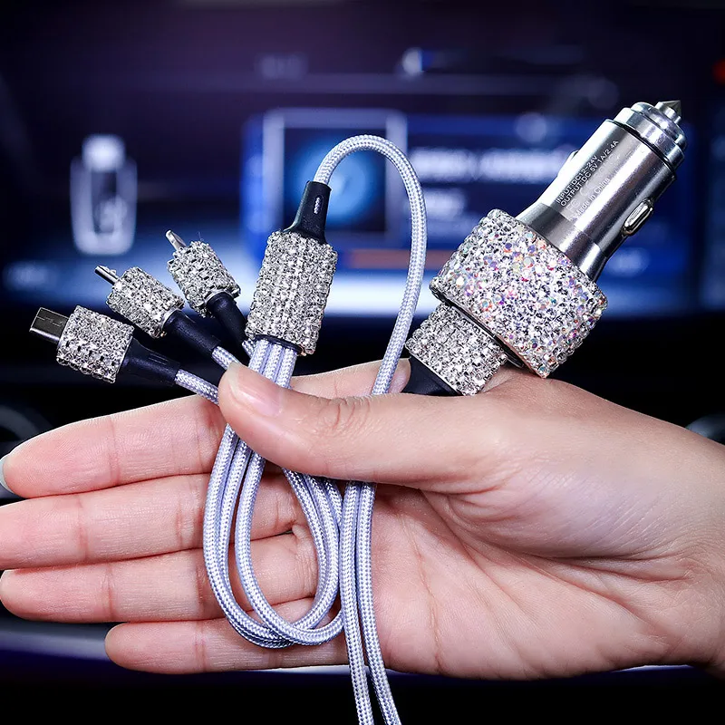 

Dual USB Car Charger For Mobile Phone Tablet GPS Fast Charger Rhinestone Diamond Phone 3 Data Line Wire in Car Cigarette Lighter