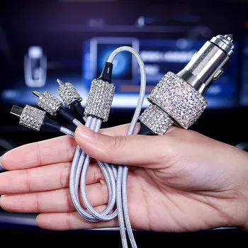 

Dual USB Car Charger For Mobile Phone Tablet GPS Fast Charger Rhinestone Diamond Phone 3 Data Line Wire in Car Cigarette Lighter
