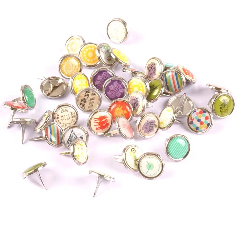 

30PCs mix Pattern Round Diy Brads Scrapbooking Embellishment Fastener Brad Metal Crafts Decoration 15mm CP2158