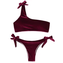 Solid One Shoulder Bandeau Bikini Sets 2019 Women Swimsuit Two Piece Swimwear Velvet Low Waist Tie Solid One Shoulder Bandeau Bikini Sets 2019 Women Swimsuit Two Piece Swimwear Velvet Low Waist Tie