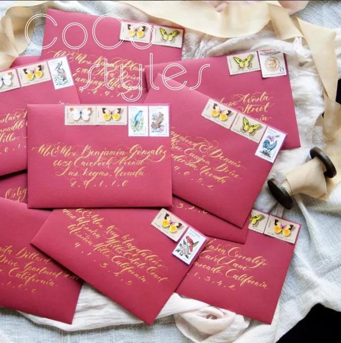  Cocostyles personalized beautiful gold foiling burgundy envelope with match invitation card for all - 32890641355
