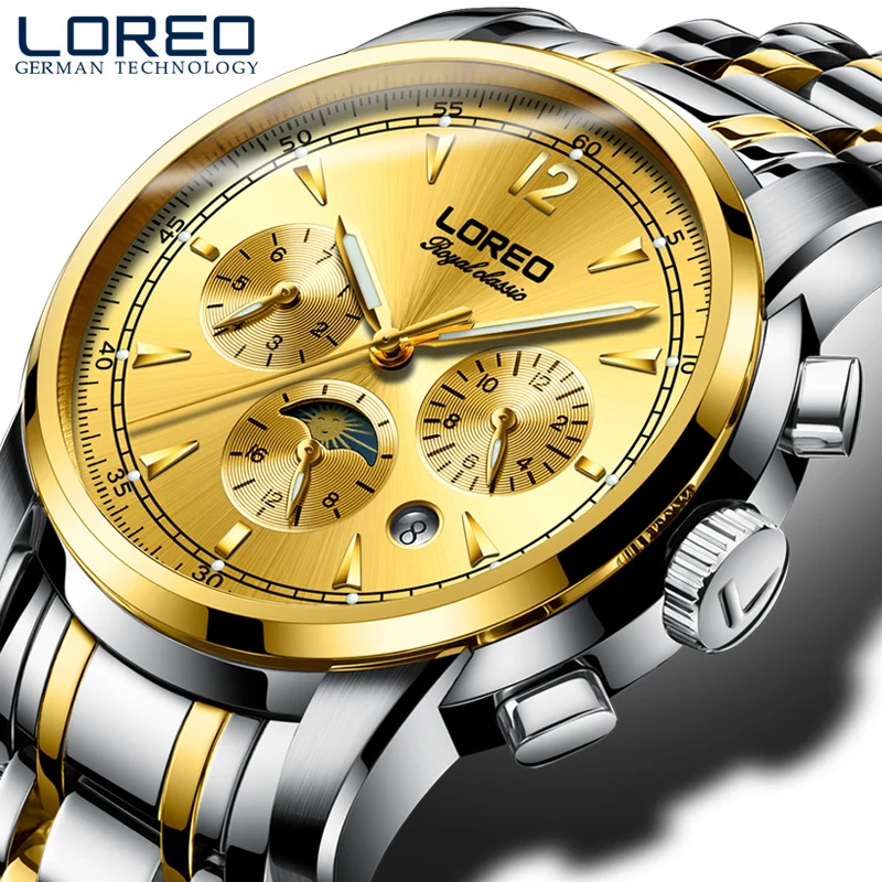 

LOREO men's automatic mechanical waterproof luminous complete calendar chronograph multifunction gold moon phase men watch