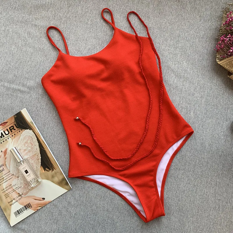Купальный костюм с высокой талией, Женский цельный купальный костюм для женщин, бандажный красный купальник, плюс размер, купальник для женщин, монокини - Цвет: Red