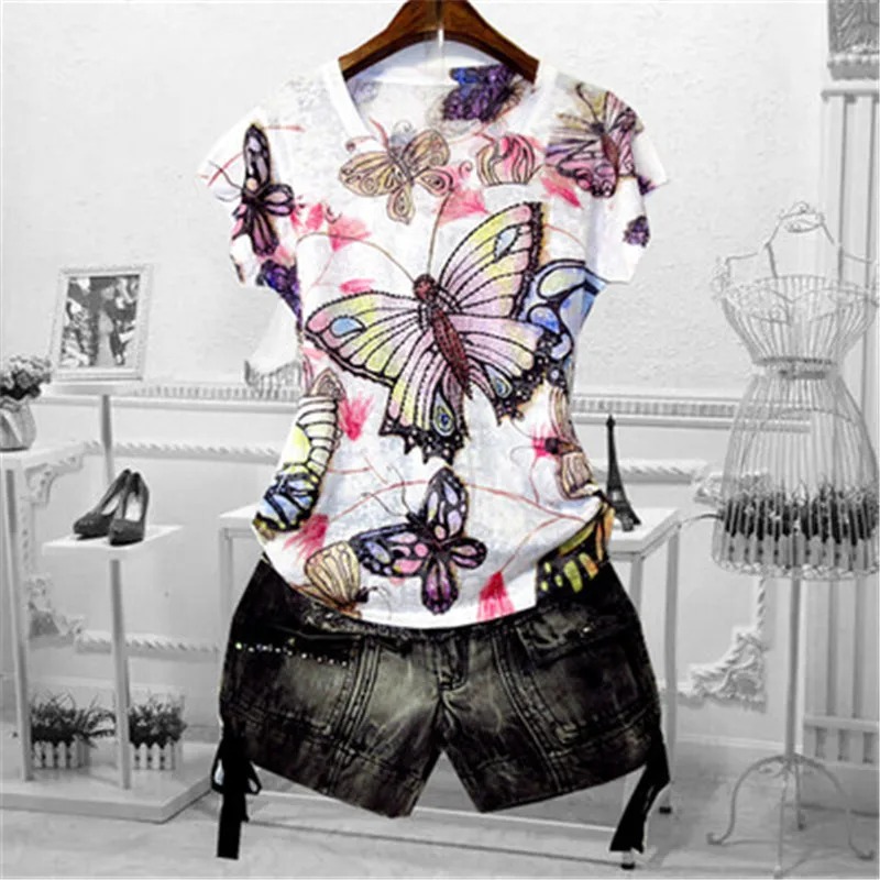 Женская футболка, новинка, Camisetas Mujer, большие размеры 4XL, с круглым вырезом, Модные Топы Harajuku, элегантные винтажные офисные женские футболки с бриллиантами - Цвет: color butterfly