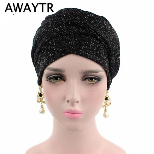 Bandanas AWAYTR Shiny Turban Muslim HeadBand for Women Fashion Head