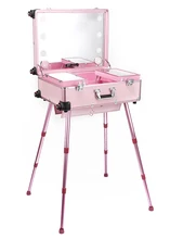 TENSUNVIS Factory PINK Pro Studio Makeup Artist Cosmetic Rolling Case LED Light Trolley with MP3 player