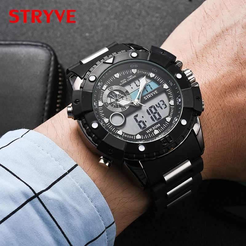 STRYVE Fashion Gold Men Watches Top Luxury Multifunction Sports Watch Man Quartz Analog Military Digital Male Clock Wrist Watch