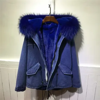 

High quality thick warm winter coats blue fur hooded denim jacket outwear large raccoon fur collar short parka