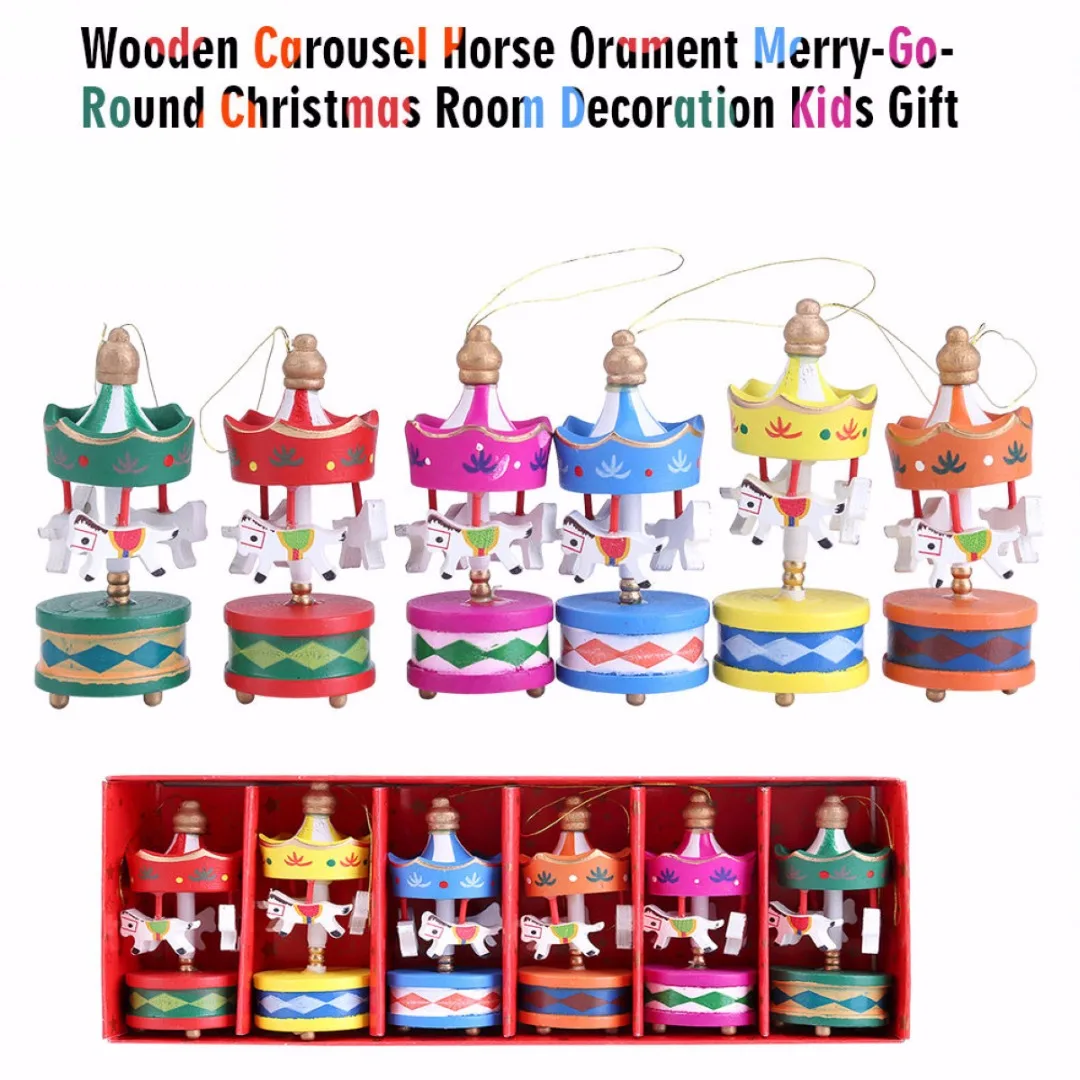 JX-LCLYL 6Pcs Wooden Carousel Horse Ornament Merry-Go-Round Christmas Bedroom Decor New