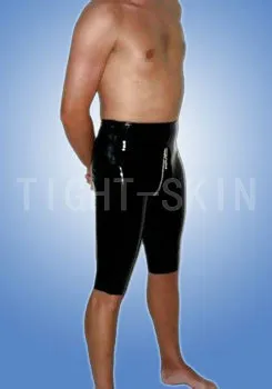 Rubber trousers latex shorts for men with 2 way crotch zippers half length pants