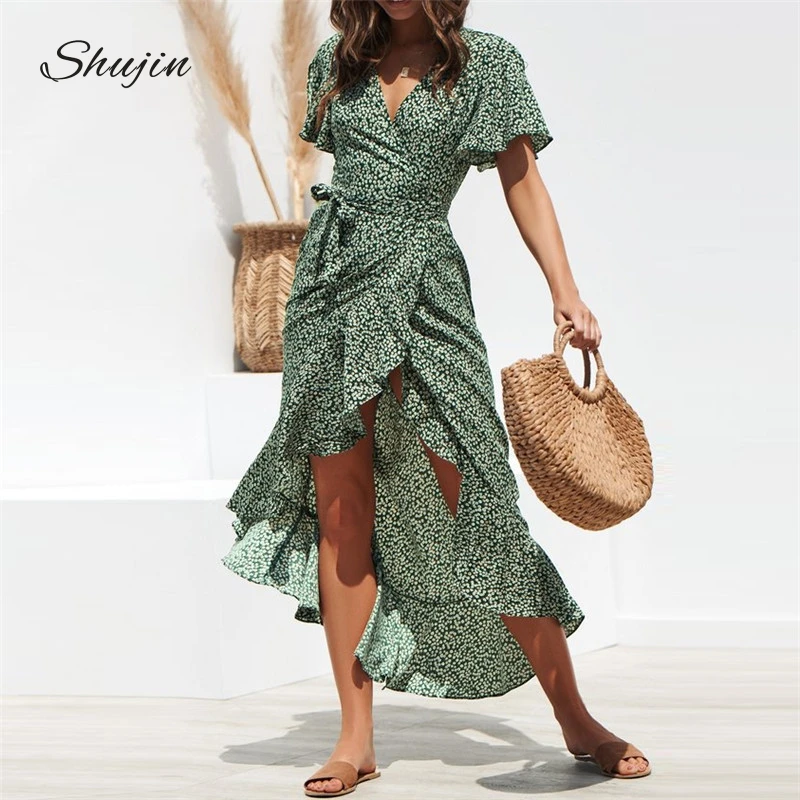 

2019 Summer Beach Maxi Dress Women Floral Print Boho Long Chiffon Dress Ruffles Wrap Casual V-Neck Split Sexy Party Dress Robe