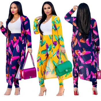 

Women Two Piece Set Floral Printed Long Sleeve Cover Up Smock Ponchos Cloak+ Legging Long pants Ladies Autumn Outfits