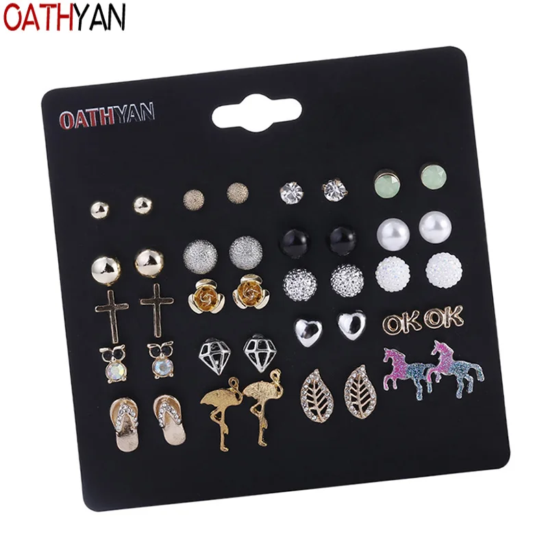 

OATHYAN 20 Pairs/Set Trendy Golden Metal Flamingo Rhinestone Leaf Stud Earrings Set Cute Colorful Unicorn Earring For Girl Gifts
