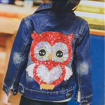 

2018 Spring Baby Girl Jeans Coats Clothes Children Clothing Kids Owl Sequins Little Cartoon Girl Design Kids Denim Jackets Coats