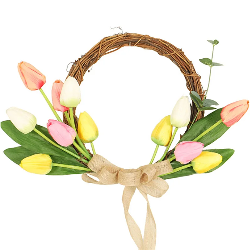 

Artificial Tulip Rattan Wreath Fake Flower Linen Home Door Window Wall Hanging Pendant Garland for Party Event Wreath