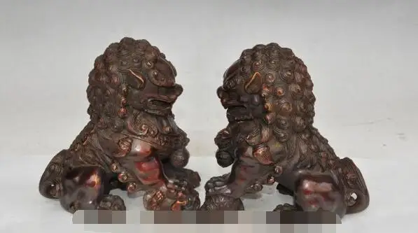 

S2982 7"chinese fengshui bronze evil spirits foo dog lion ball beast lucky statue pair