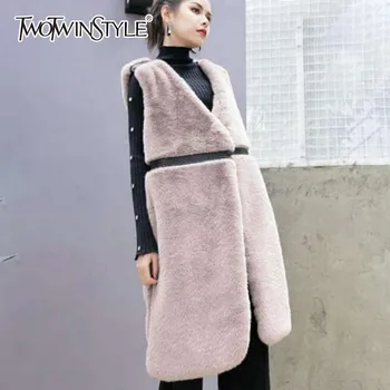 

TWOTWINSTYLE Patchwork Faux Fur Vest Coats V Neck Sleeveless Coats Female Autumn Winter Korean Fashion Outerwea 2020