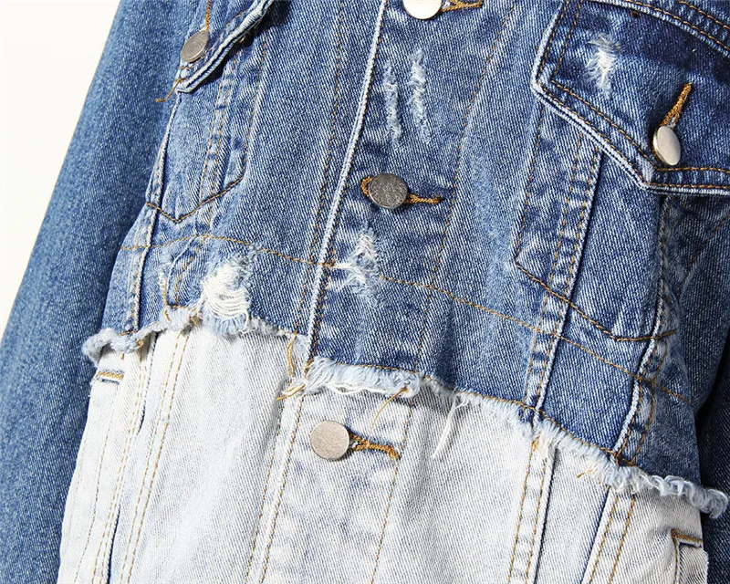 Survêtement Rue Patchwork Veste pu Jean Vintage Femmes Mode Bleu De Streetwear Taille 2 Moruancle Libre Déchiré Denim Ciel Couleur Salut Affligée nZA1vgx