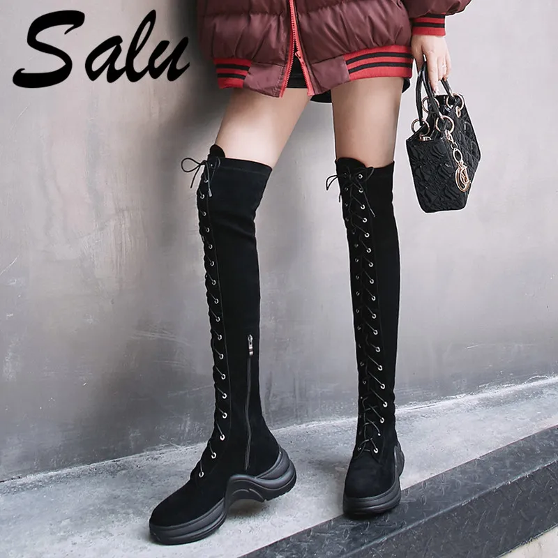 

Salu New Boots Women Warm Autumn Winter Lace-up Tight High Boots Fashion Solid Quality Riding Shoes Woman Over The Knee Boots