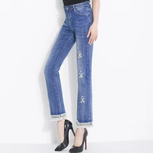 Лето Весна женские отбеленные лодыжки длина бисер синие джинсы расклешенные джинсы брюки, осень повседневные женские жемчуг стрейч джинсовые брюки