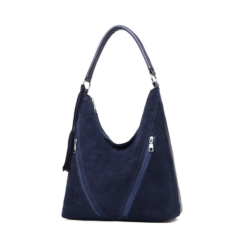 Женские сумки из замши с двойной молнией, одноцветные сумки-Хобо, сумки с кисточками, брендовые дизайнерские вместительные сумки через плечо - Цвет: blue